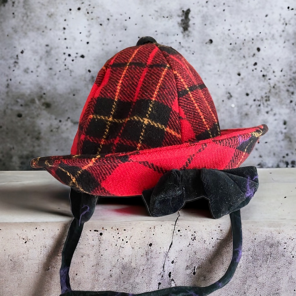 βοΈ 50% off winter Vintage plaid red checkered bucket ear muff bow dress hat